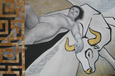 Acrylbild eiiner weiblichen Figur auf einem stilisierten Stier liegend und eingebettet in goldene und braune Strukturen, 
      inspiriert von der Sage der Europa